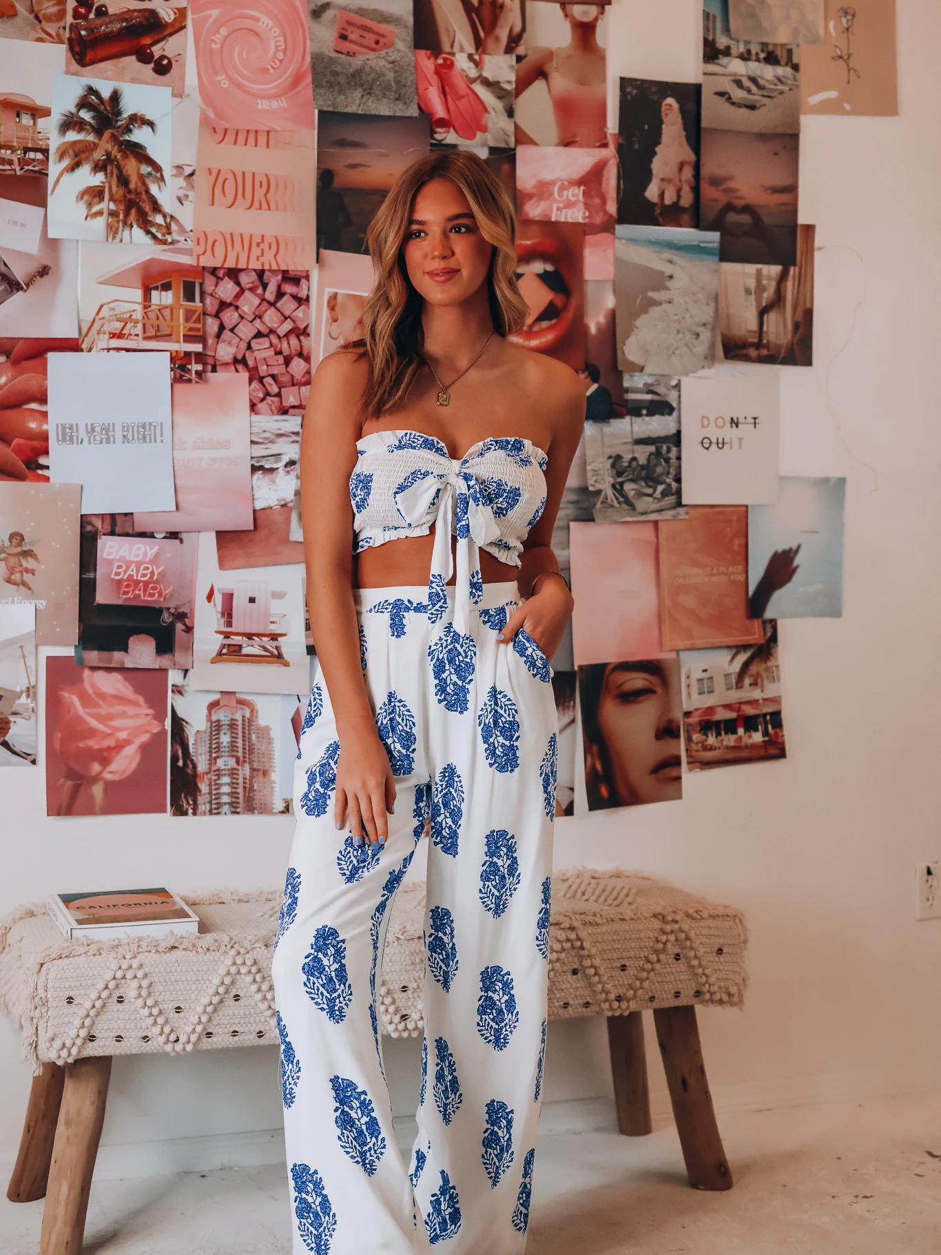 Bandeau Top Two Piece Bow Tank Top Printed Wide Leg Pants Coord Set