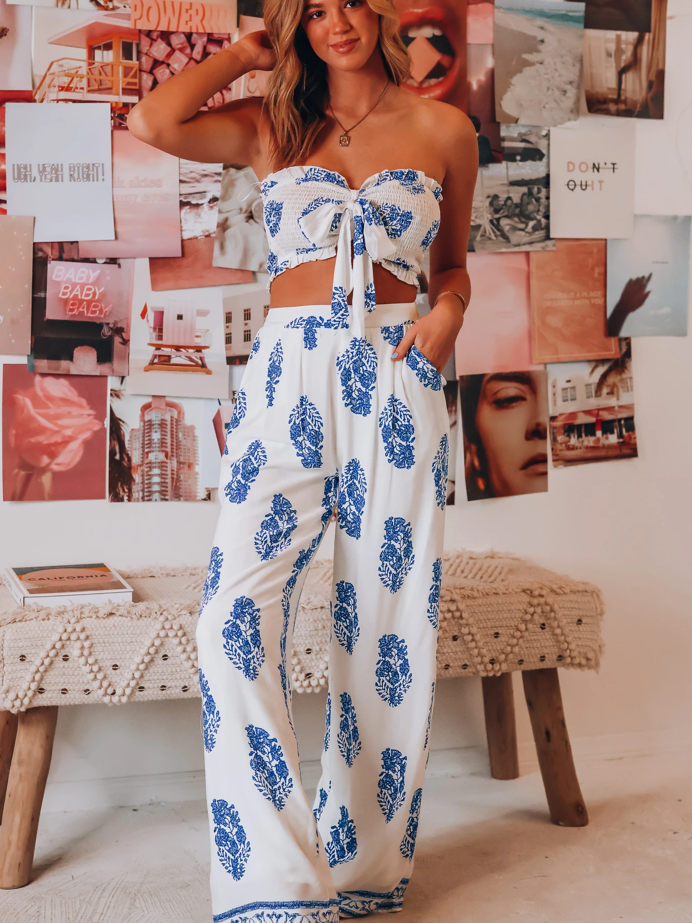 Bandeau Top Two Piece Bow Tank Top Printed Wide Leg Pants Coord Set