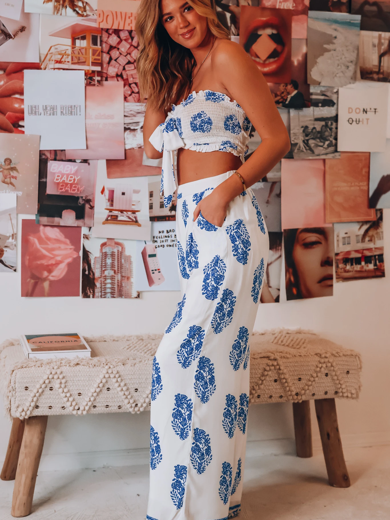 Bandeau Top Two Piece Bow Tank Top Printed Wide Leg Pants Coord Set