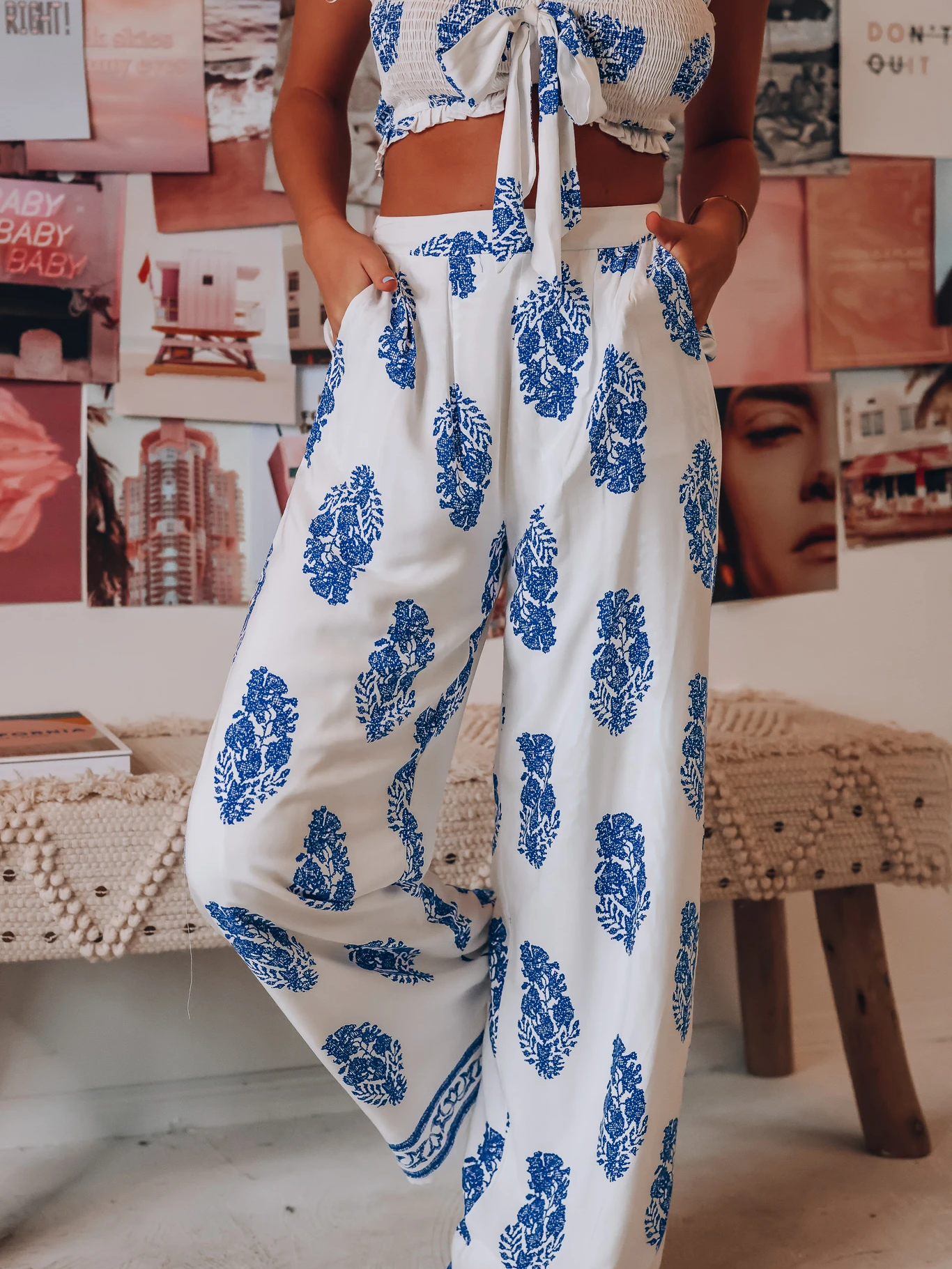 Bandeau Top Two Piece Bow Tank Top Printed Wide Leg Pants Coord Set