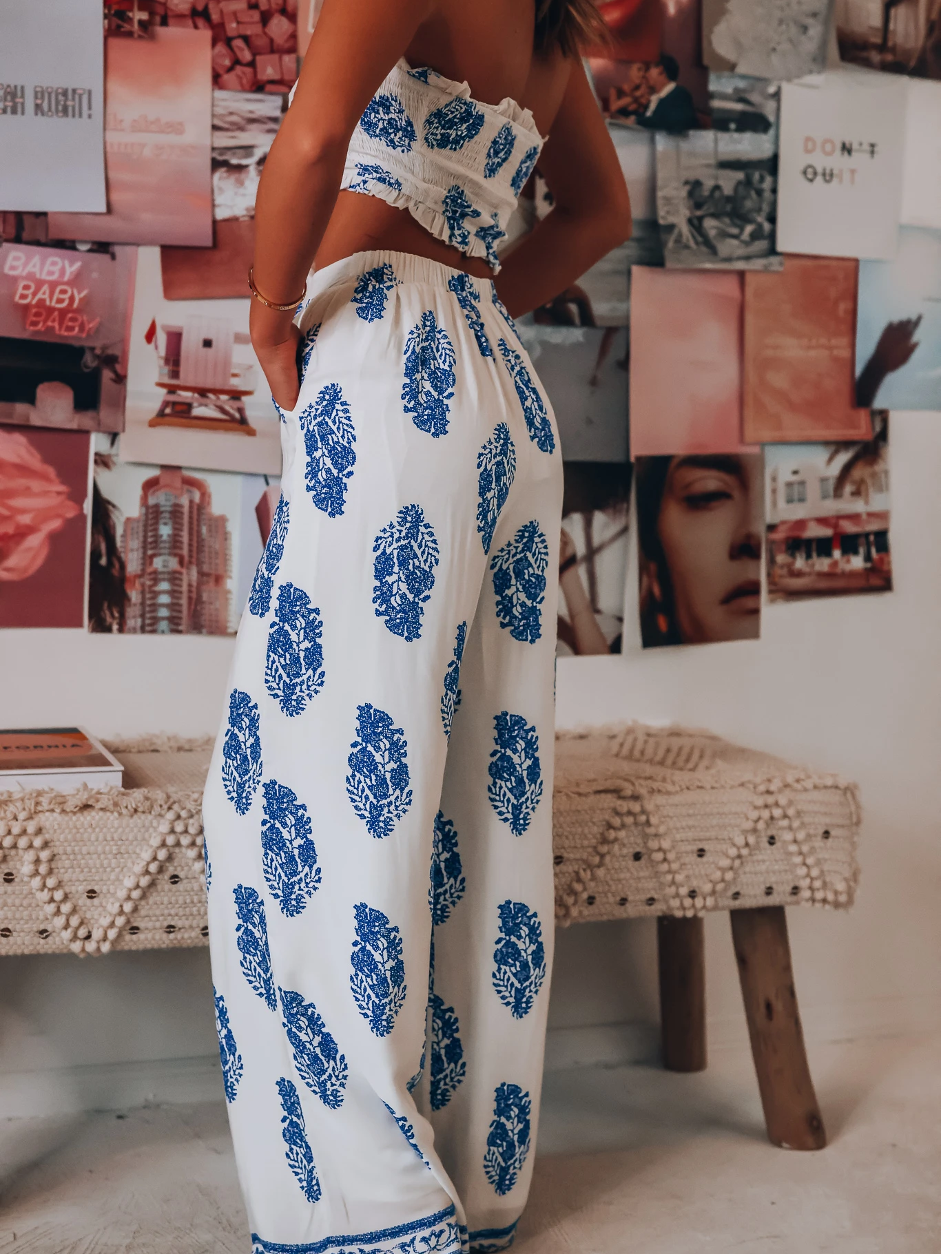 Bandeau Top Two Piece Bow Tank Top Printed Wide Leg Pants Coord Set