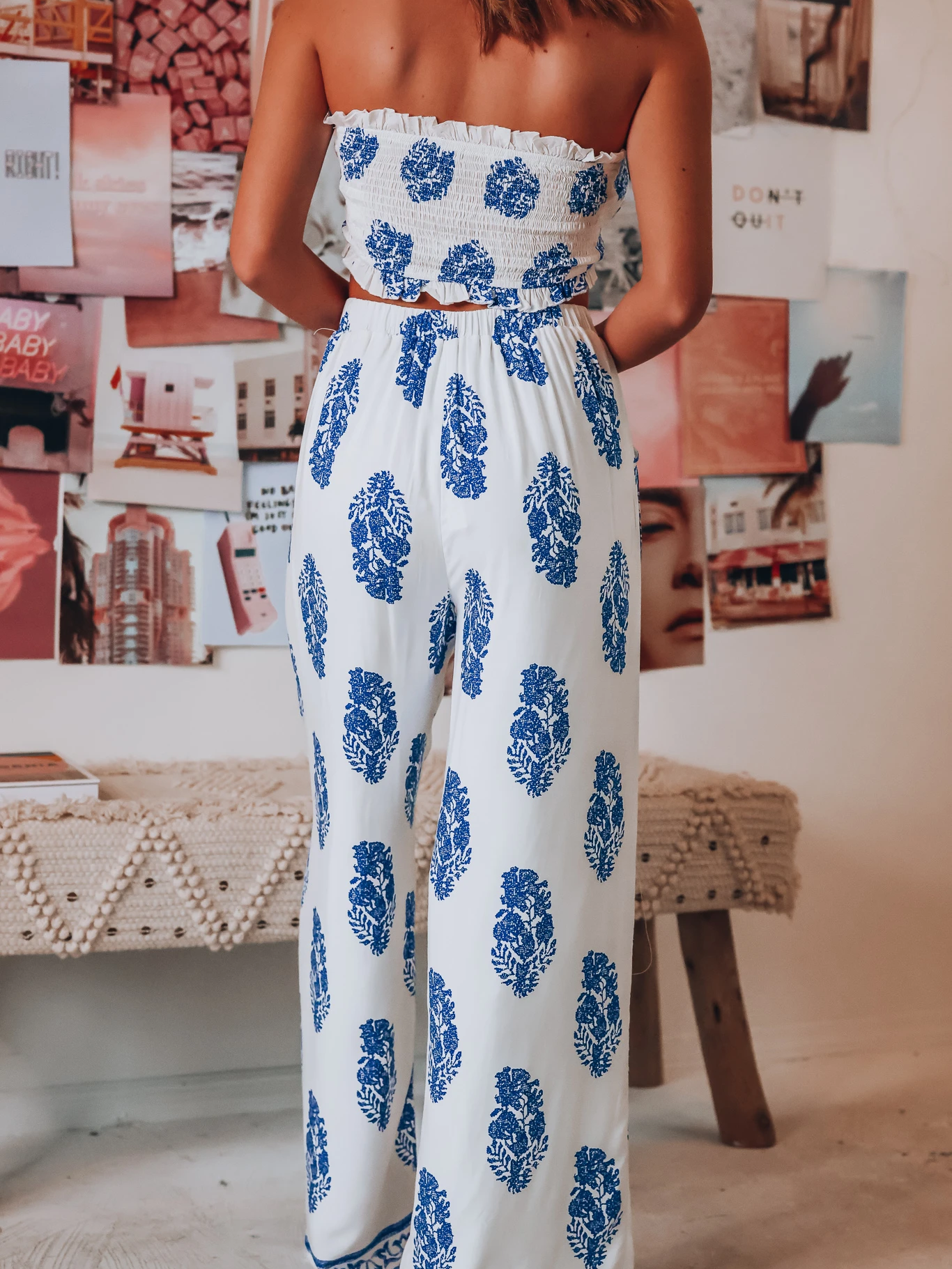 Bandeau Top Two Piece Bow Tank Top Printed Wide Leg Pants Coord Set