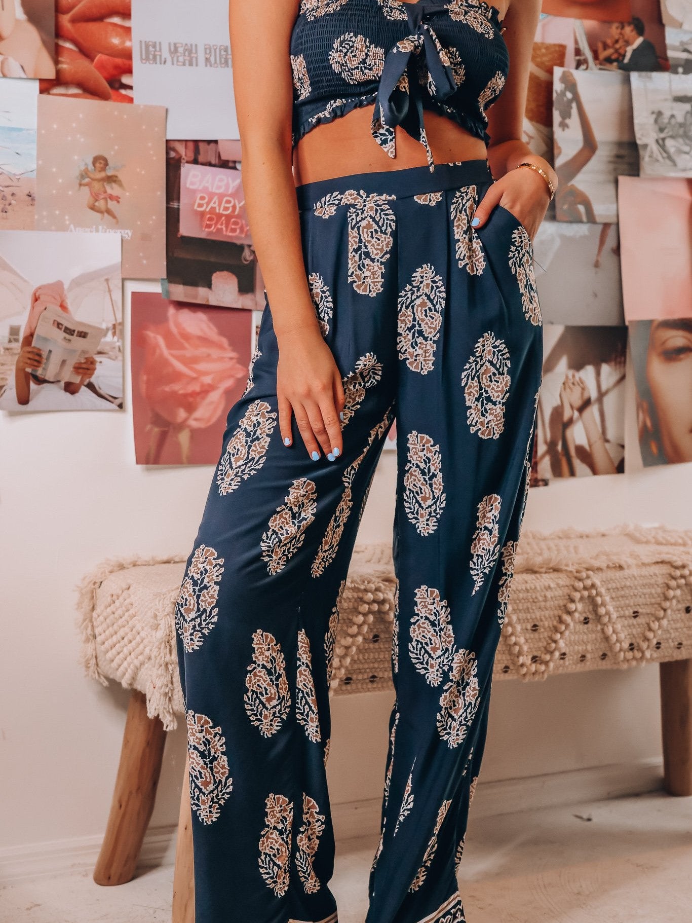Bandeau Top Two Piece Bow Tank Top Printed Wide Leg Pants Coord Set