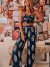Bandeau Top Two Piece Bow Tank Top Printed Wide Leg Pants Coord Set