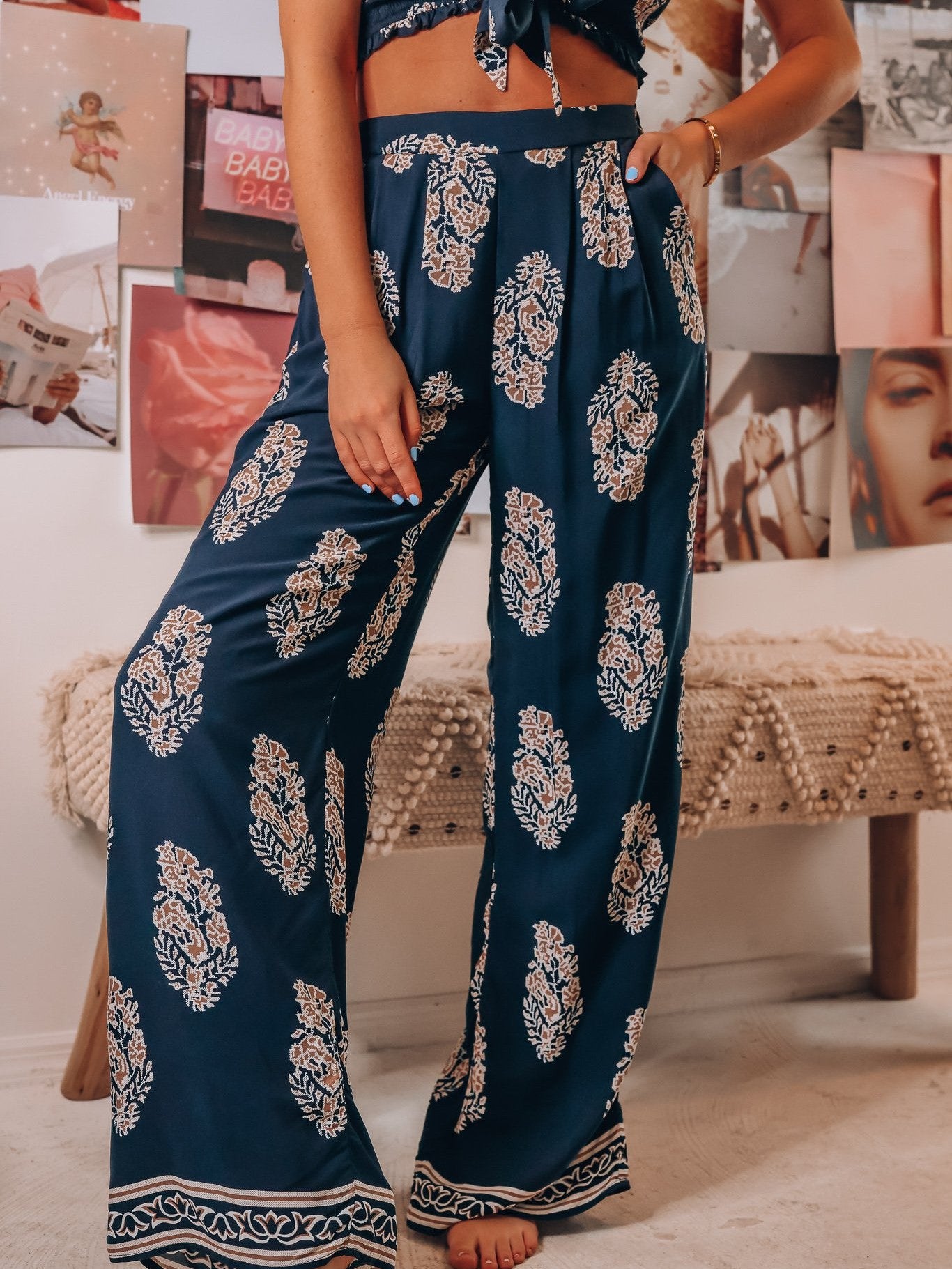 Bandeau Top Two Piece Bow Tank Top Printed Wide Leg Pants Coord Set