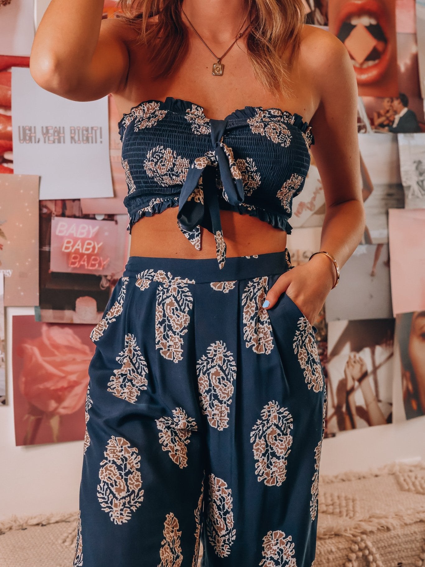 Bandeau Top Two Piece Bow Tank Top Printed Wide Leg Pants Coord Set