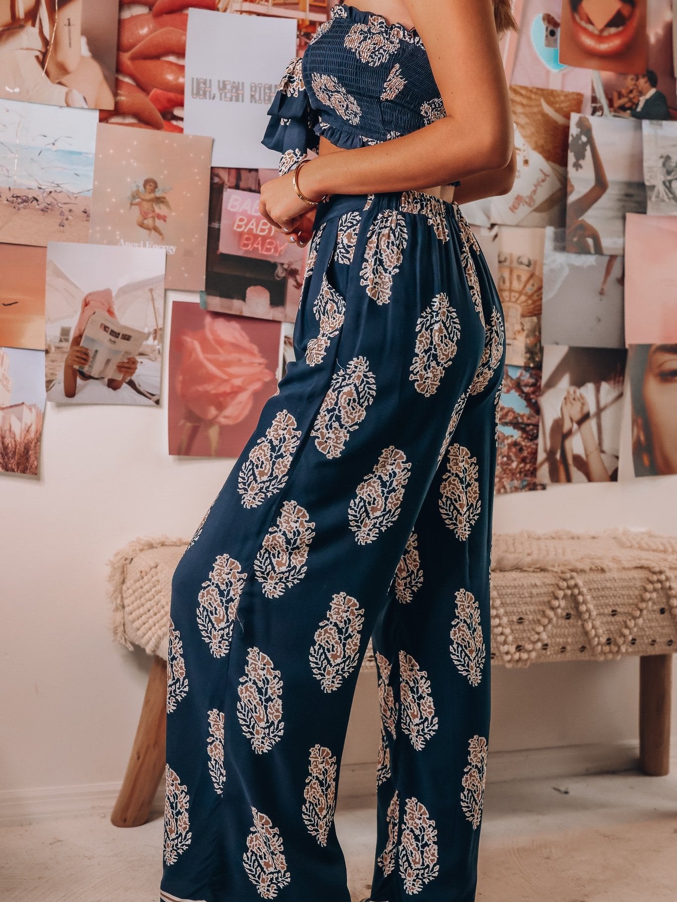 Bandeau Top Two Piece Bow Tank Top Printed Wide Leg Pants Coord Set