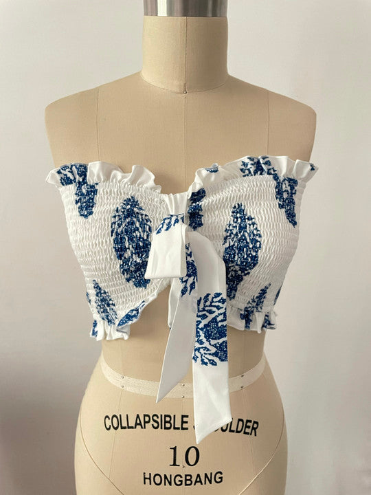 Bandeau Top Two Piece Bow Tank Top Printed Wide Leg Pants Coord Set