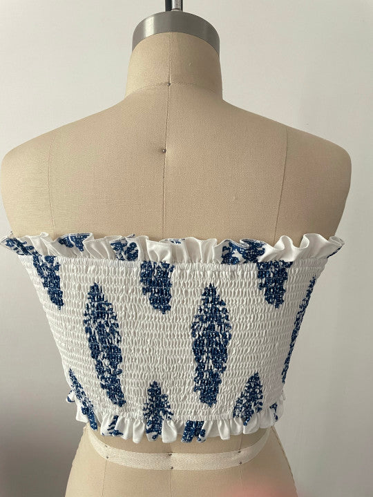 Bandeau Top Two Piece Bow Tank Top Printed Wide Leg Pants Coord Set