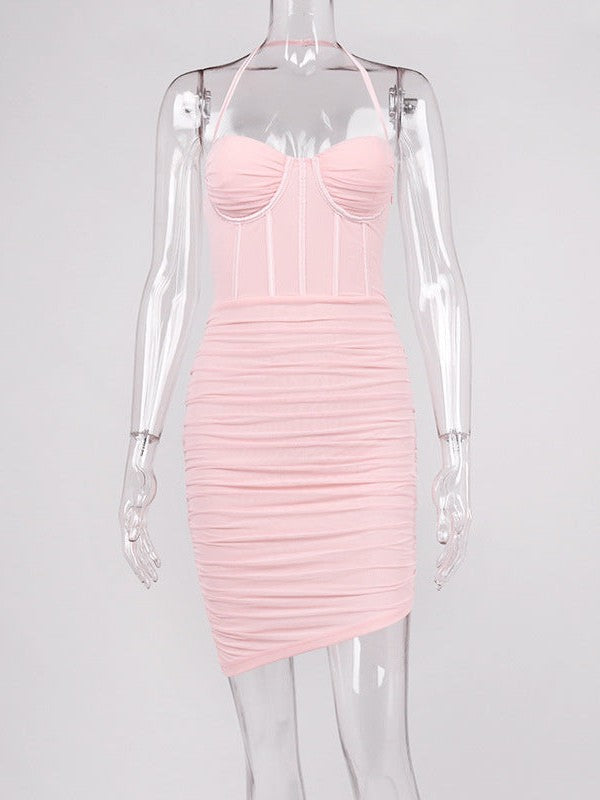 Mesh Boning Corset Ruched Halterneck Dress