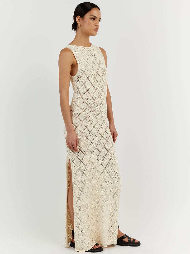 Hollow Out Mesh Beach Vacation Knitted Slit Dress