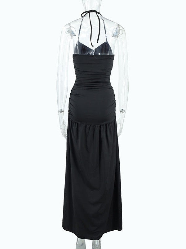 Tied Halterneck Ruched Slit Maxi Dress