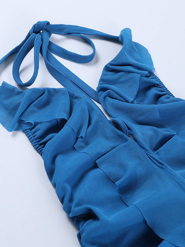 Ruched Deep Halterneck Ruffle Backless High Slit Dress