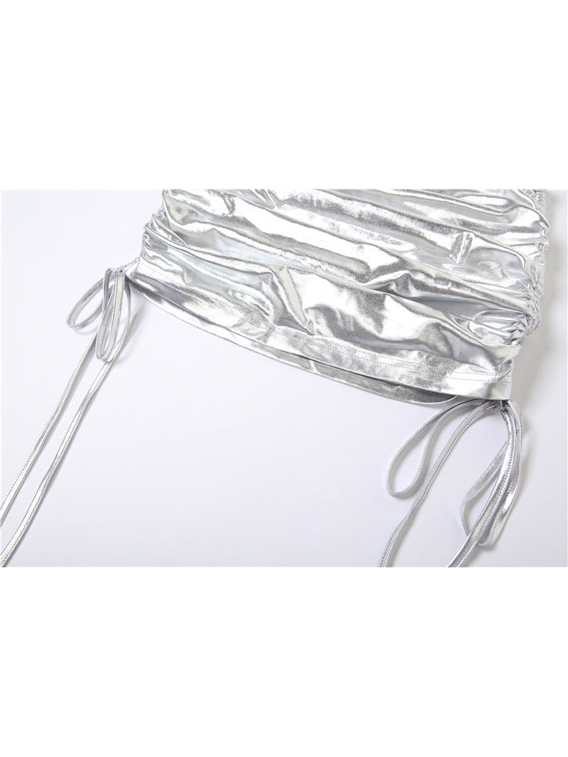 Metallic Tube Top & Drawstring Ruffle Hip Skirt Set