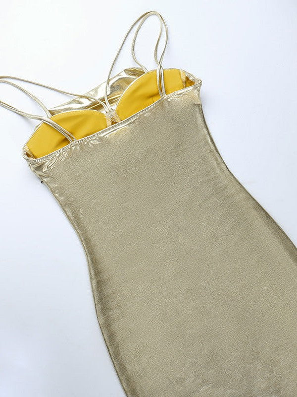 Spaghetti Strap Metallic Pile Collar Sheath Dress
