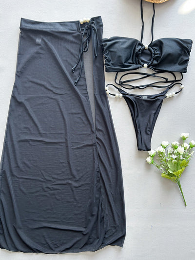 3 Piece Halterneck Bikini Slit Skirt Set