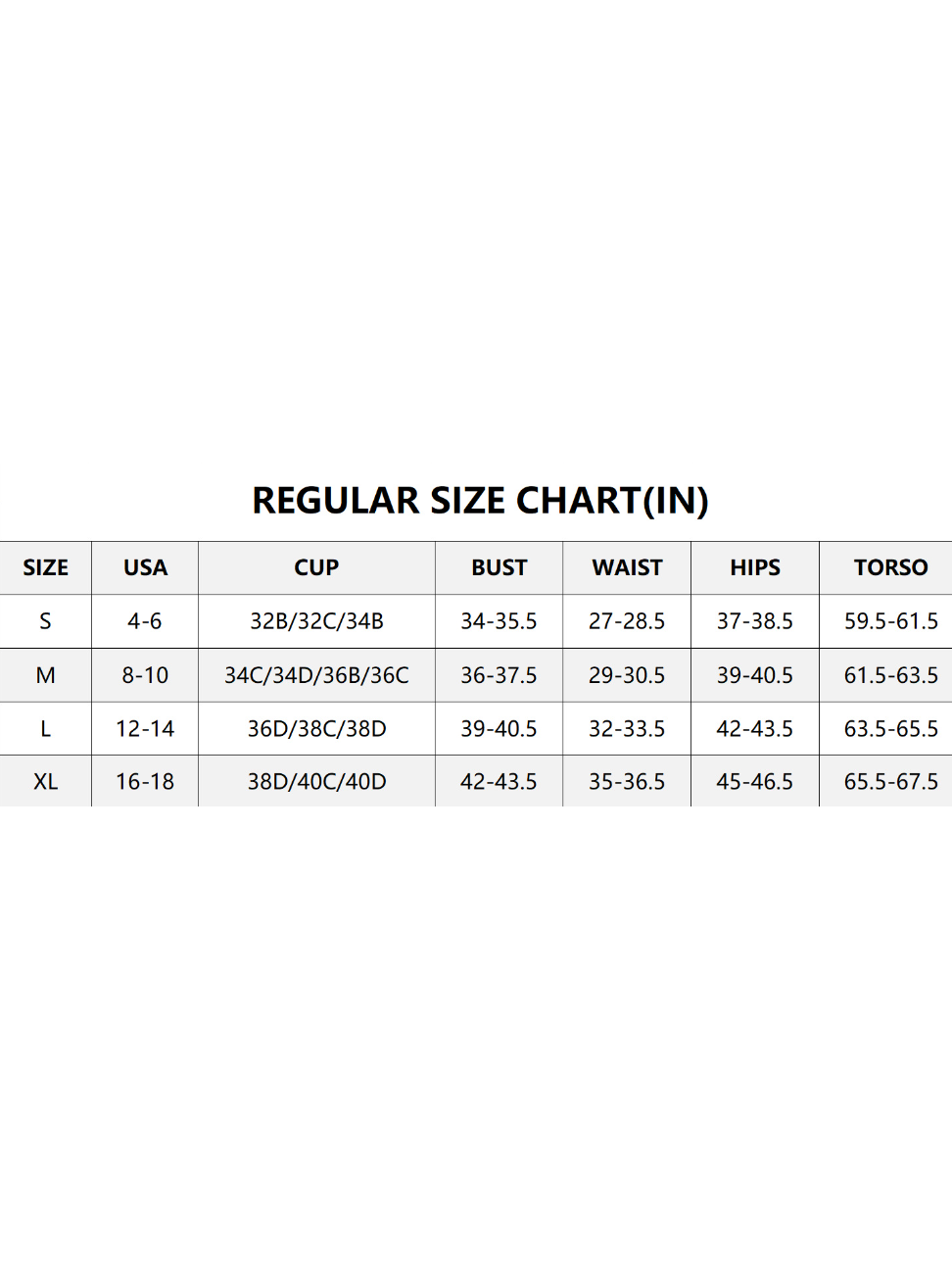 Regular size chart in black text on white background showing sizes S-XL with USA, cup, bust, waist, hips, torso columns.