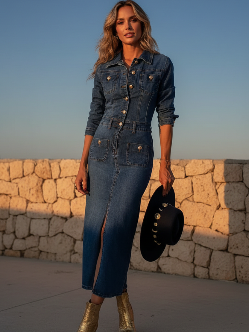 Model in full-sleeve denim shirt dress with brass buttons, front slit, utility pockets, belt; holding a black hat.