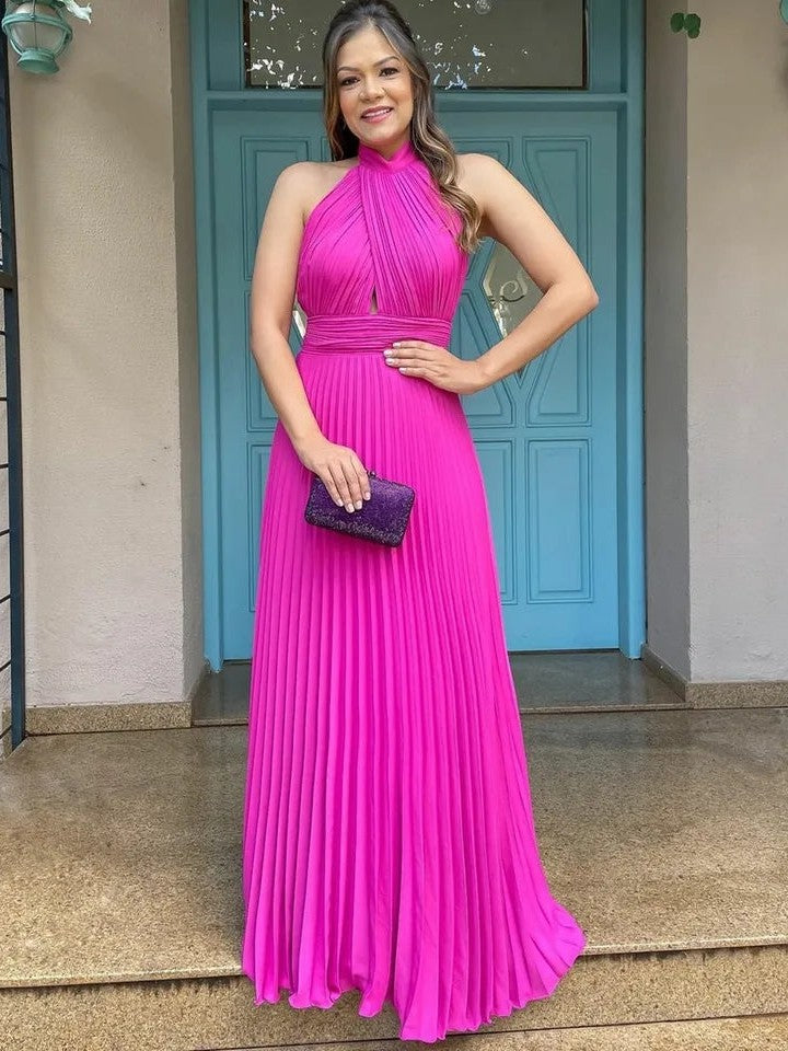 Pink Pleated Halterneck Cutout Slit Dress