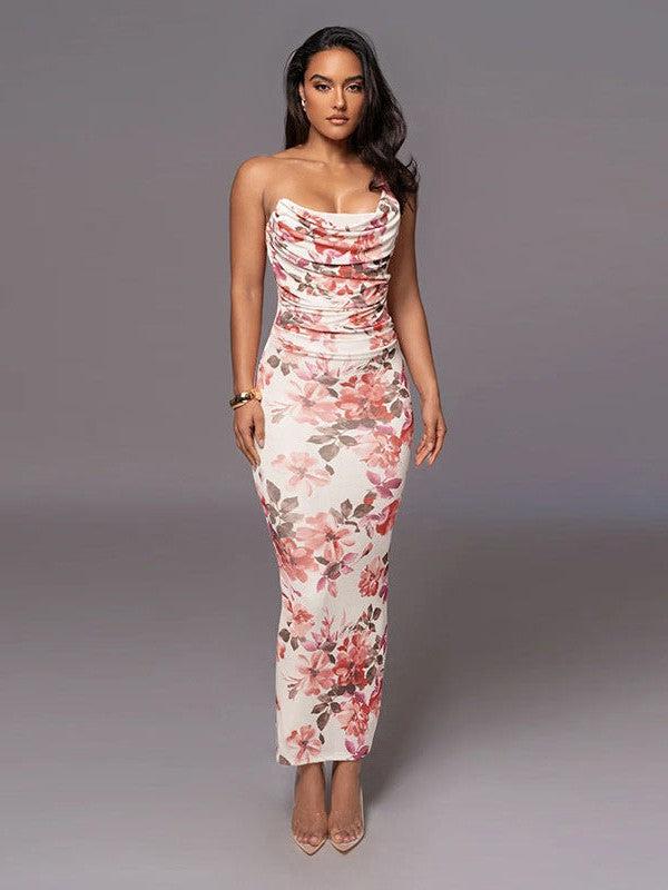 Floral Print One Shoulder Suspender Sheath Dress