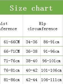 Size chart for bikini swimsuit: three-column table showing bust(cm) 61–66 to 81–86; waist(in) 34–44; hip(cm) 86–111.