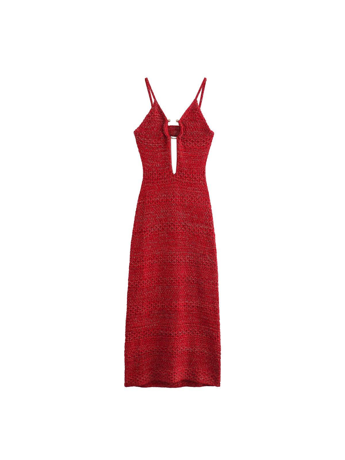 Red knitted midi dress with thin spaghetti straps, front keyhole cutout with a circular ring, textured knit pattern.