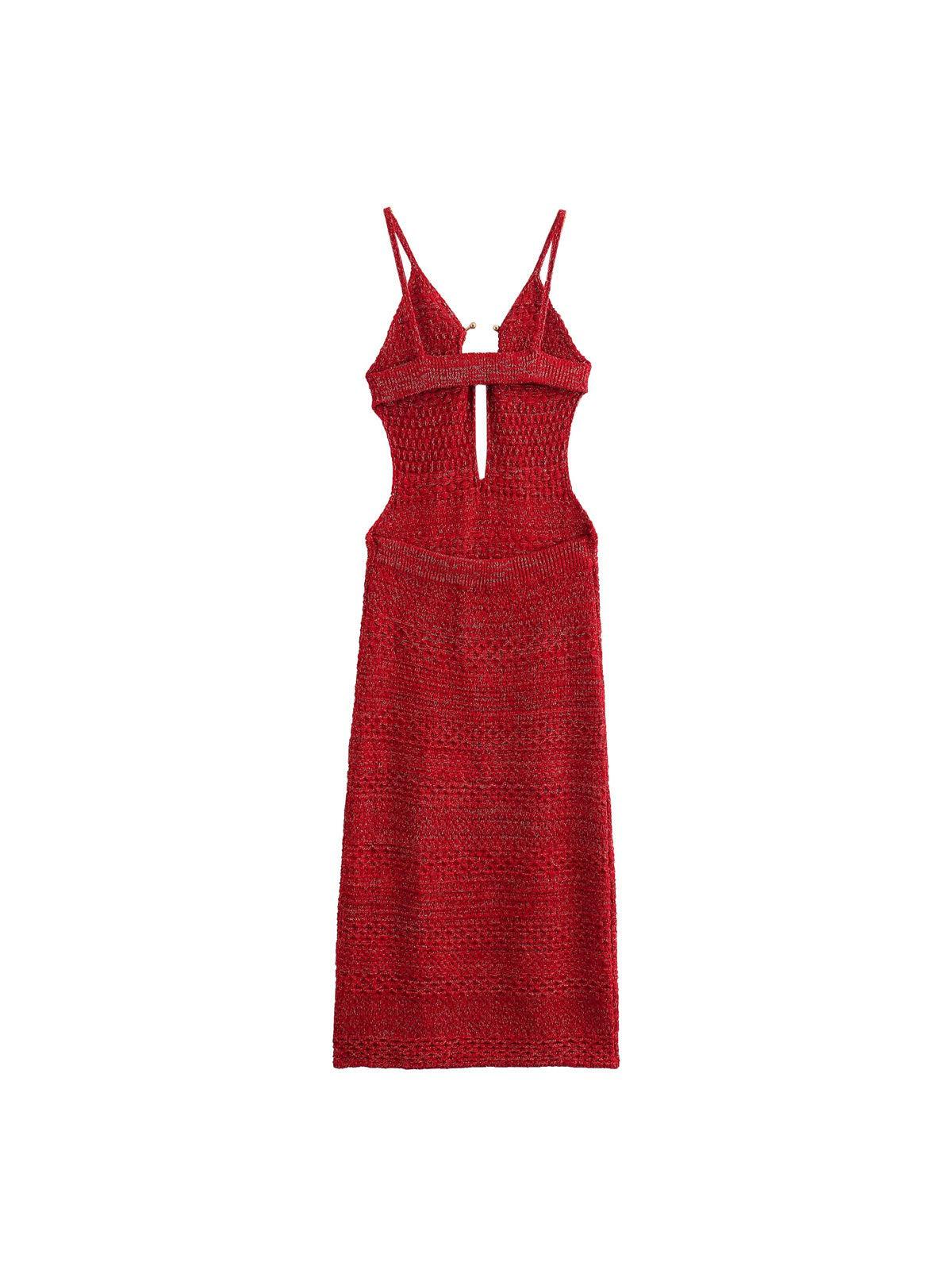 Red backless knitted dress with thin spaghetti straps and textured crochet pattern, knee-length silhouette.