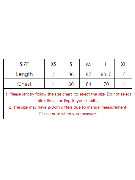 Bordered size chart for backless dress: XS–XL; Len/Chest. S:96,60; M:97,64; L:98.5,70; XS/XL: /. Red sizing notes.