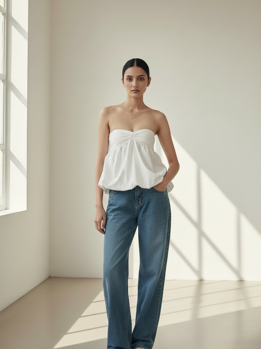 Ruched Ruffled Tube Top, white, strapless, on model with blue jeans