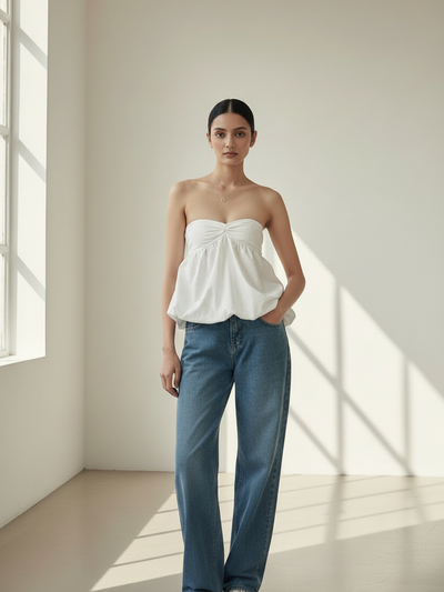 Ruched Ruffled Tube Top, white, strapless, on model with blue jeans