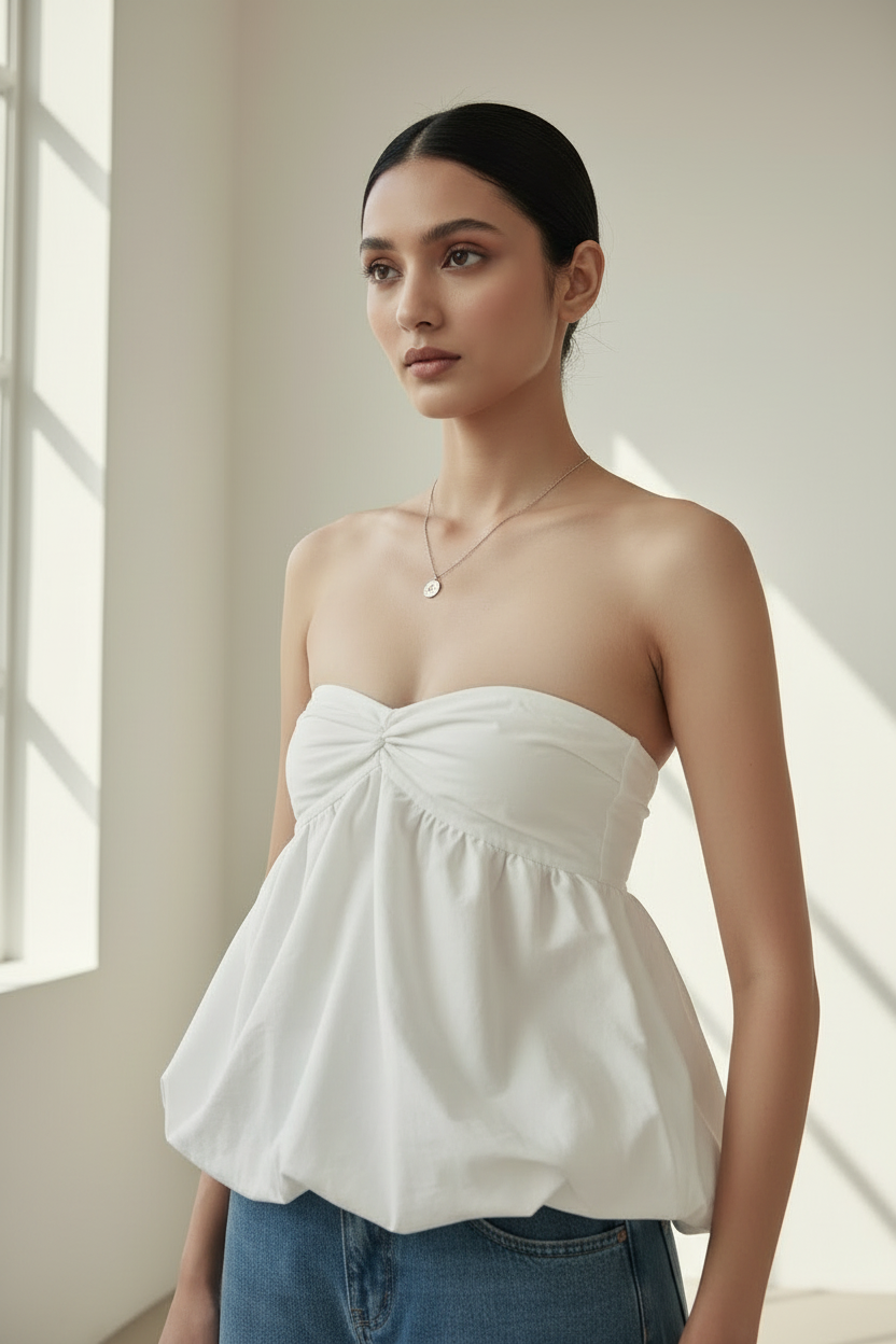 Ruched Ruffled Tube Top by Exclusives in white, strapless peplum-style top.