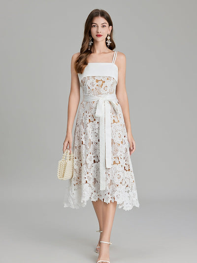 Embroidery Belted A Line Maxi Dress