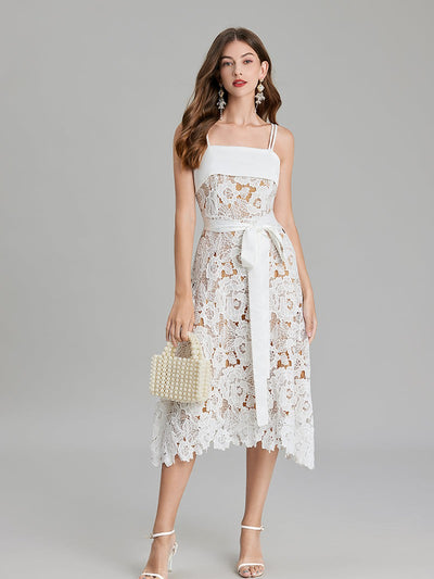 Embroidery Belted A Line Maxi Dress