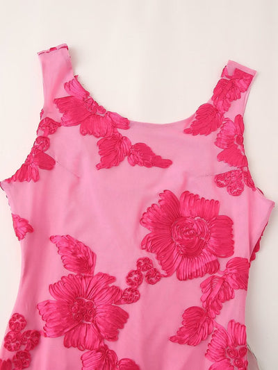 Pink Mesh 3D Applique Plate Floral Sheath Dress