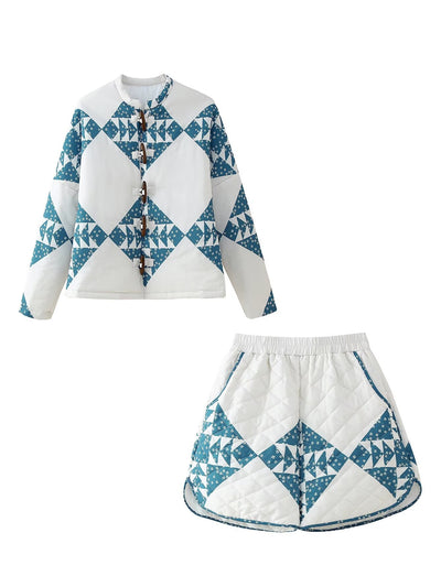 Retro Print Loose Stand Collar Jacket High Waist Shorts Coord Set