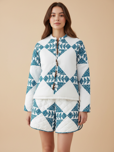 Combo set by Exclusives: teal/white quilted stand-collar jacket with wooden toggles; 2-piece matching high-waist shorts
