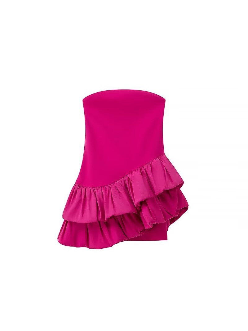 Irregular Tube Asymmetric Ruffled Stitching Rose Red Dress