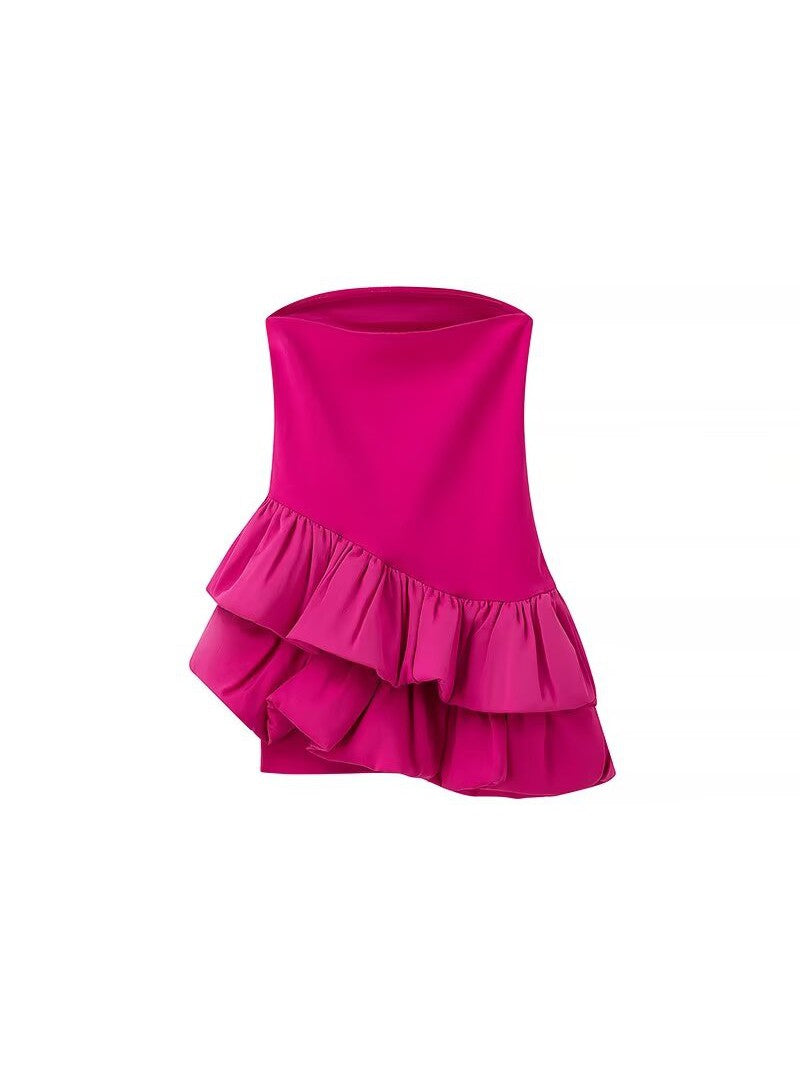 Irregular Tube Asymmetric Ruffled Stitching Rose Red Dress