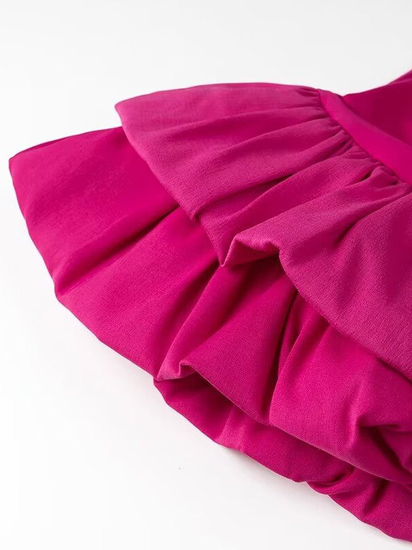 Irregular Tube Asymmetric Ruffled Stitching Rose Red Dress