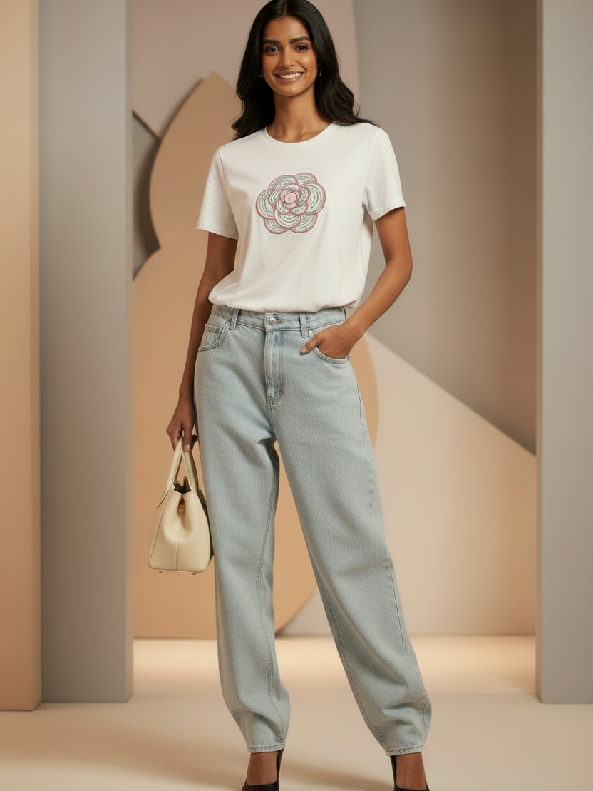 Print Cotton Lycra CH Flower T-Shirt by Branded, white short-sleeve tee with pastel flower graphic
