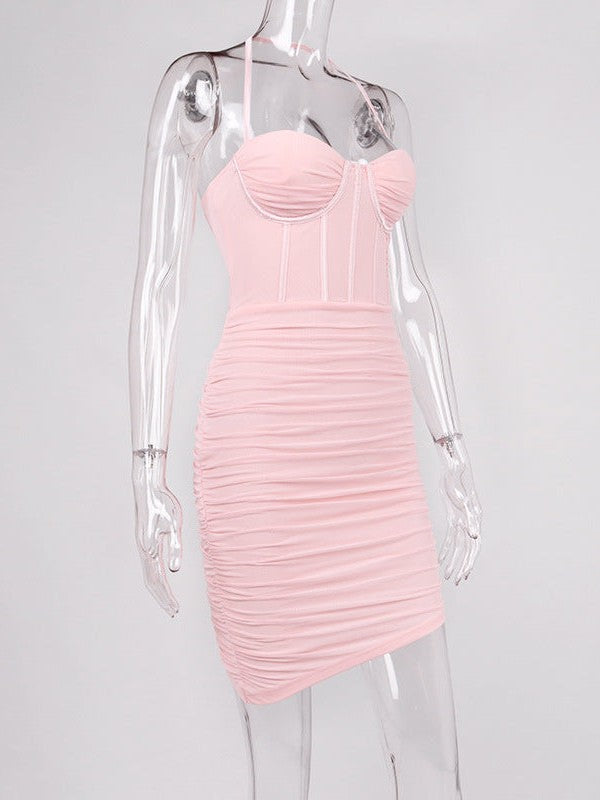 Mesh Boning Corset Ruched Halterneck Dress