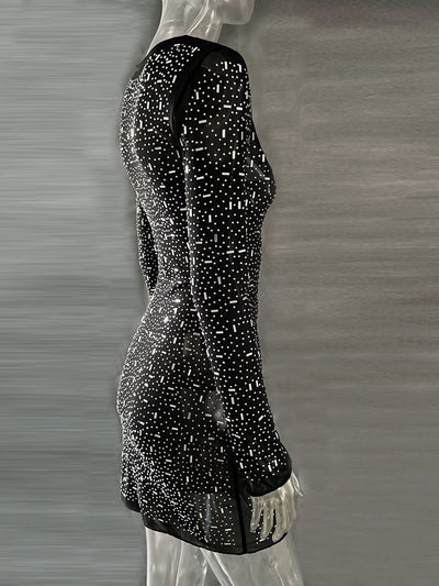 Sequins Rhinestone Semi See through Full Sleeve Short Dress