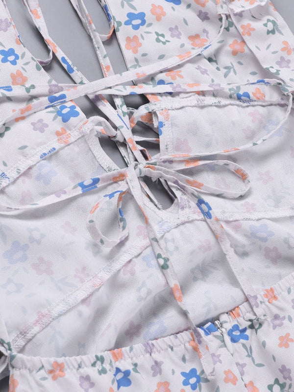 Floral Print Backless Laceup Cutout Split Dress