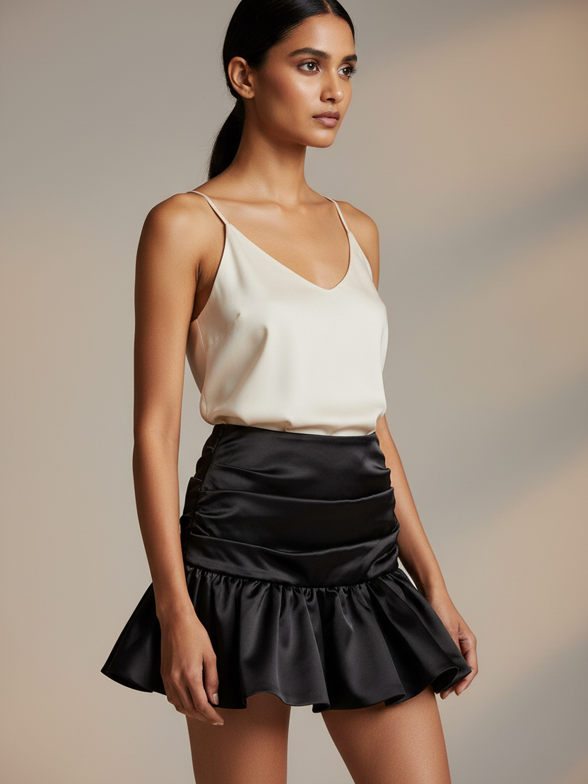 Pleated Ruffle Satin Ruched Short Skirt in black satin with a flounced ruffle hem.