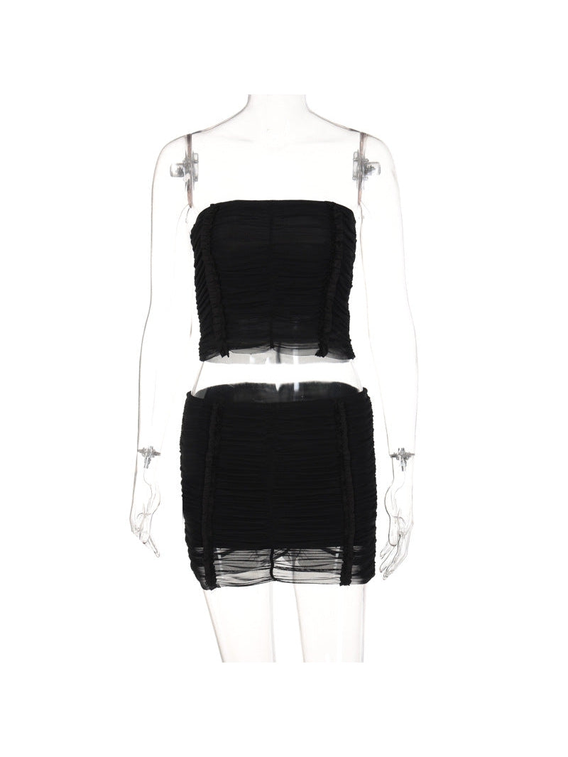 Tube Top Mesh Splicing Skirt Coord Set