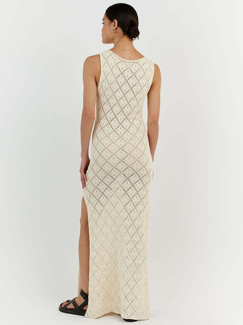 Hollow Out Mesh Beach Vacation Knitted Slit Dress