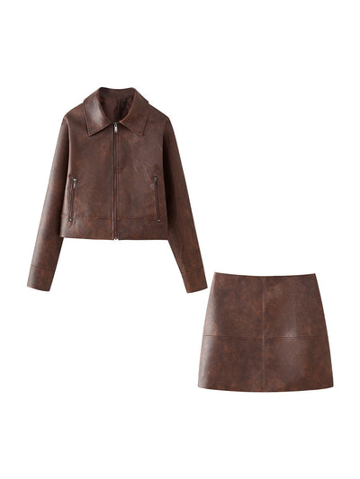 PU Leather Jacket & Short Skirt Coord Set