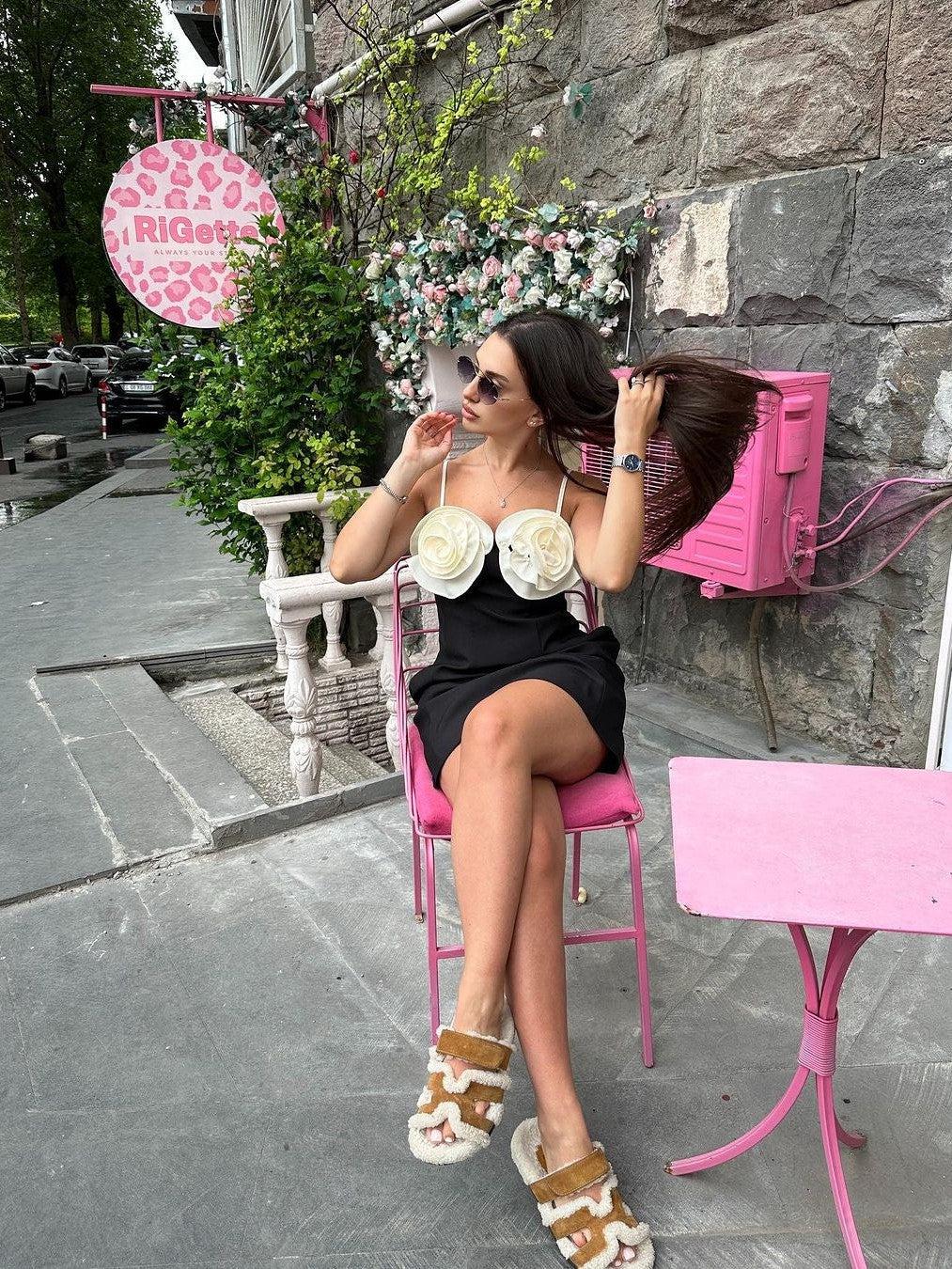 Black Applique Flower Short Dress