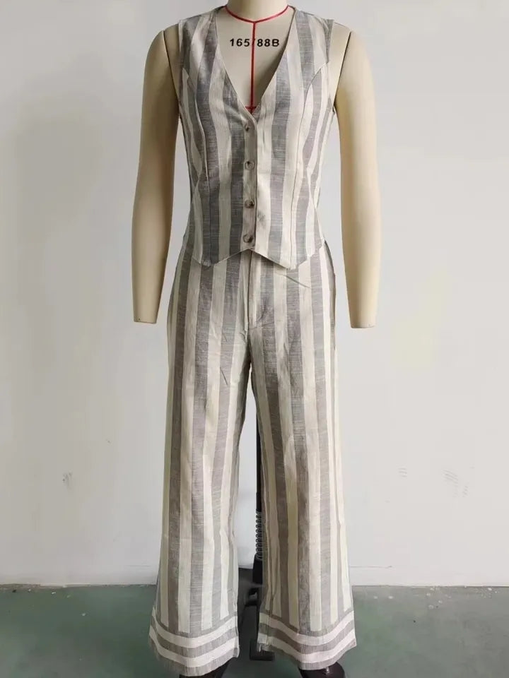 Striped Linen Waist Coat Vest & Pants Coord Set