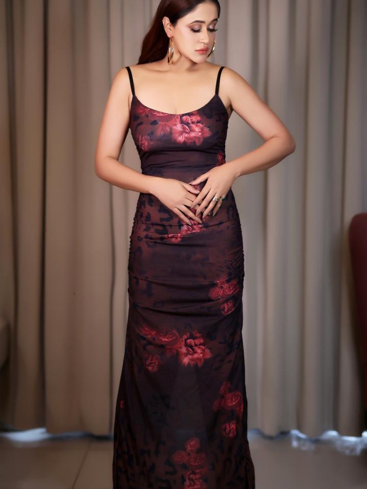 Floral Print Slit Sheath Mesh Dress